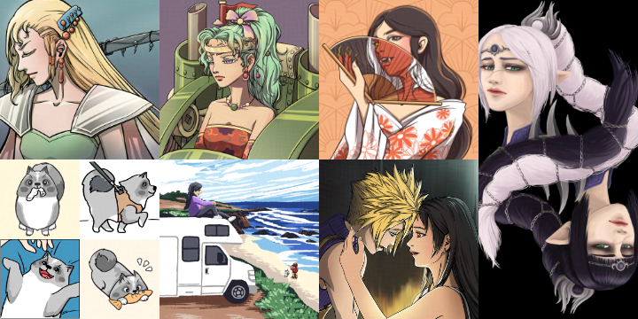 Collage of 8 illustrations by Theresa Arzola, including Final Fantasy 6 fanart, Final Fantasy 7 fanart, Baldur's Gate 3 fanart, and cropped images from her comics.