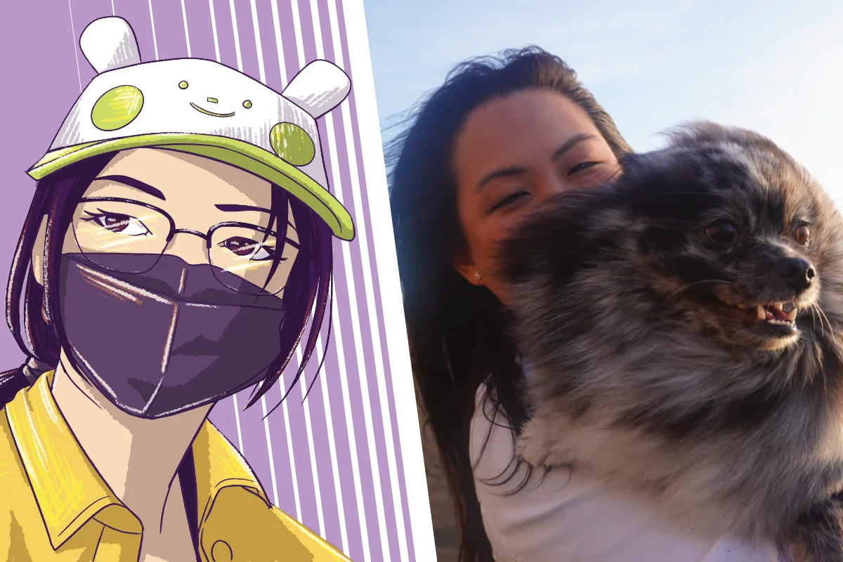 Theresa holds her Pomeranian Titan in front of her on the right while on the left is an illustrated version of her portrait wearing a dark purple face mask and white cap with white ears, a face, green hat rim, and green cheeks