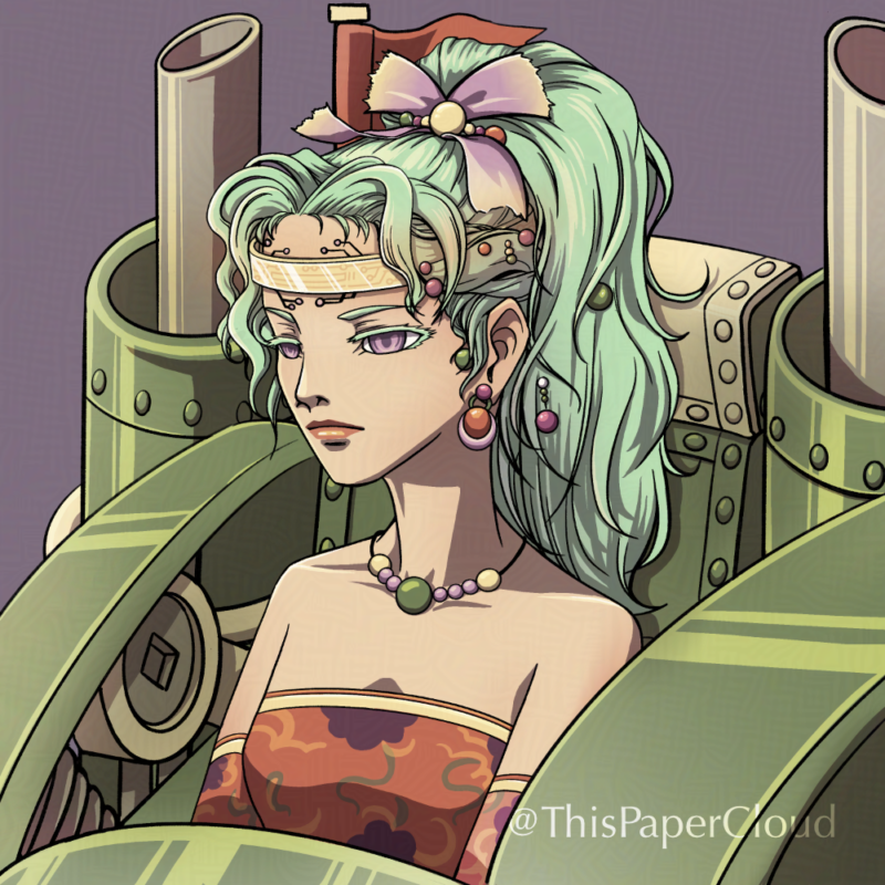 Portrait of Terra with a slave crown seated in a mech suit. Terra is one of the main characters in Final Fantasy 6.