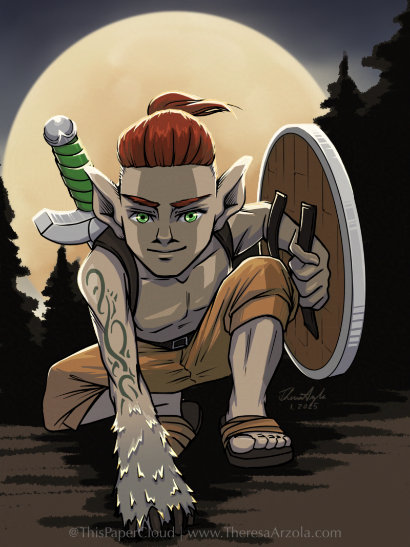 a gnome druid silhouetted by the moon in mid-transformation. He has red hair with side shaves, a sword on his back, and shield on his arm. He's topless with orange pants and a green tribal-like tattoo running down his outstretched arm, which is transforming to a dire wolf at the hand and up.