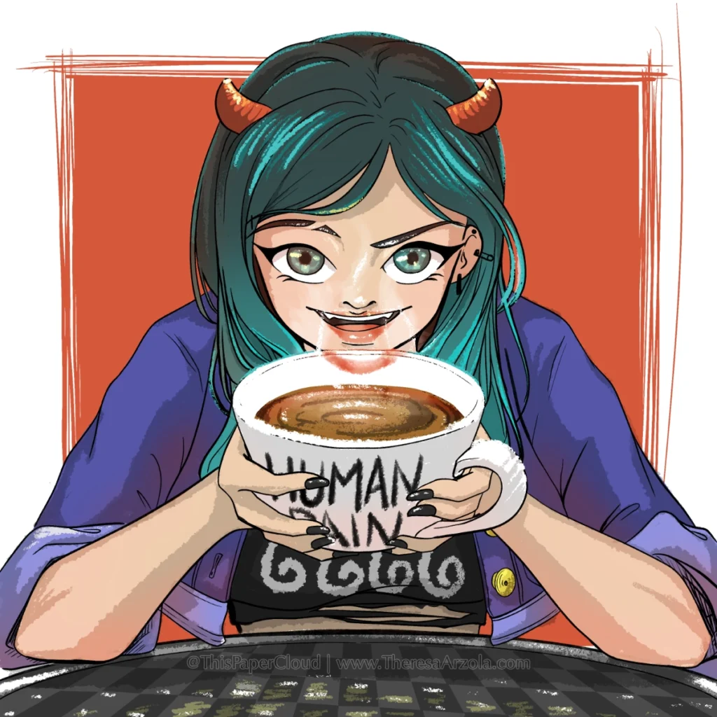 Portrait of a devil-based character for username cravingdoodles. She drinks a coffee cup labeled Human Pain and has the numbers 6666 written on her torn shirt.