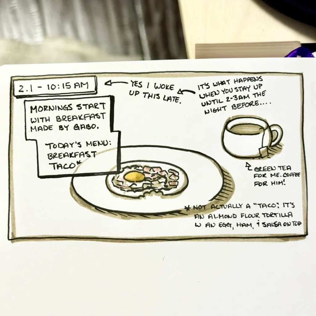 10:15AM - 1st panel of Hourly Comic Day - depicts breakfast, which is an almond flour tortilla with an egg, ham, and salsa on top. There's a cup of green tea to the right of the plate. 