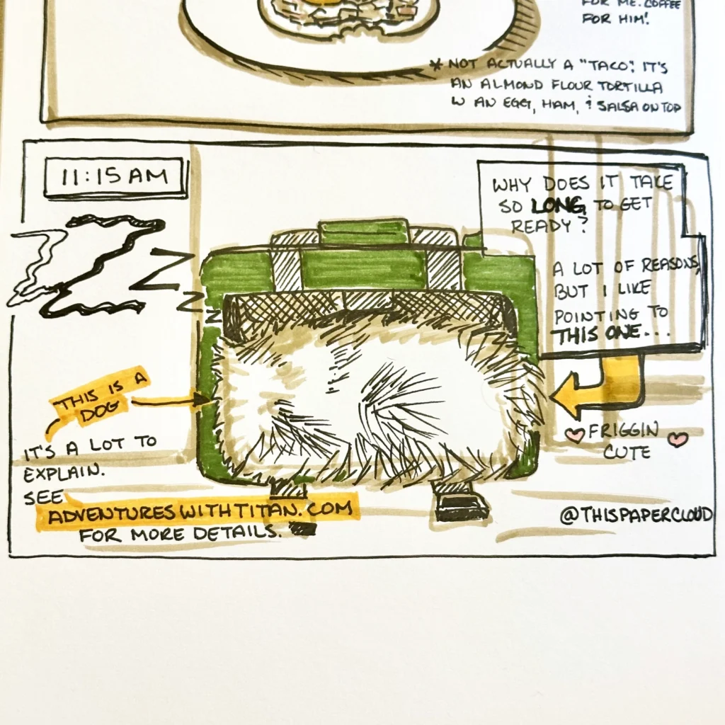 11:15AM - 2nd panel of Hourly Comic Day. Depicts Titan sleeping in a green carrier, but facing in such a way that all you see is a blob of fur popping out of a green box. 