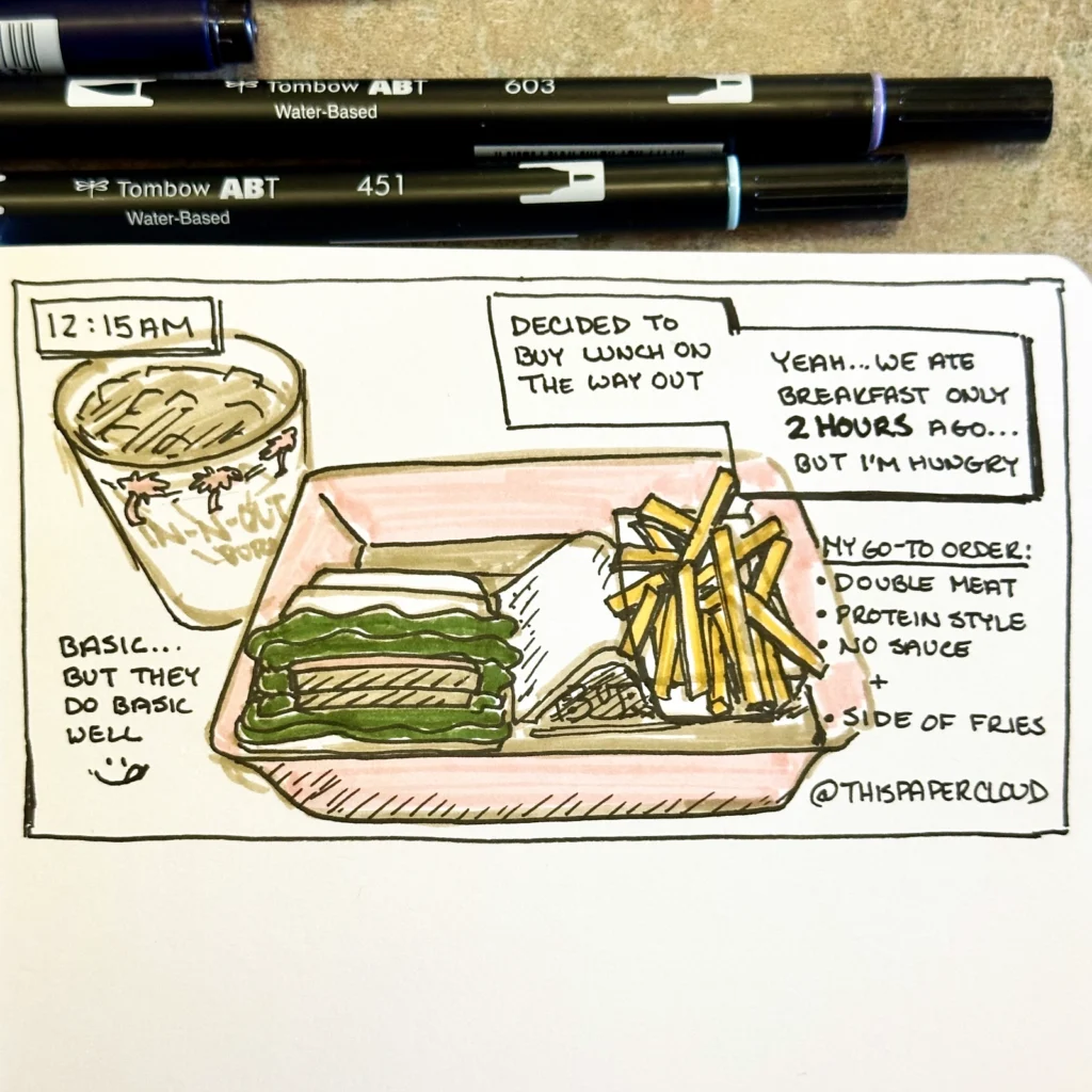 12:15PM - 3rd panel of Hourly Comic Day. - In-n-Out order of a protein style burger with a side of fries and a soda. sandwich and fries are in a red tray. 