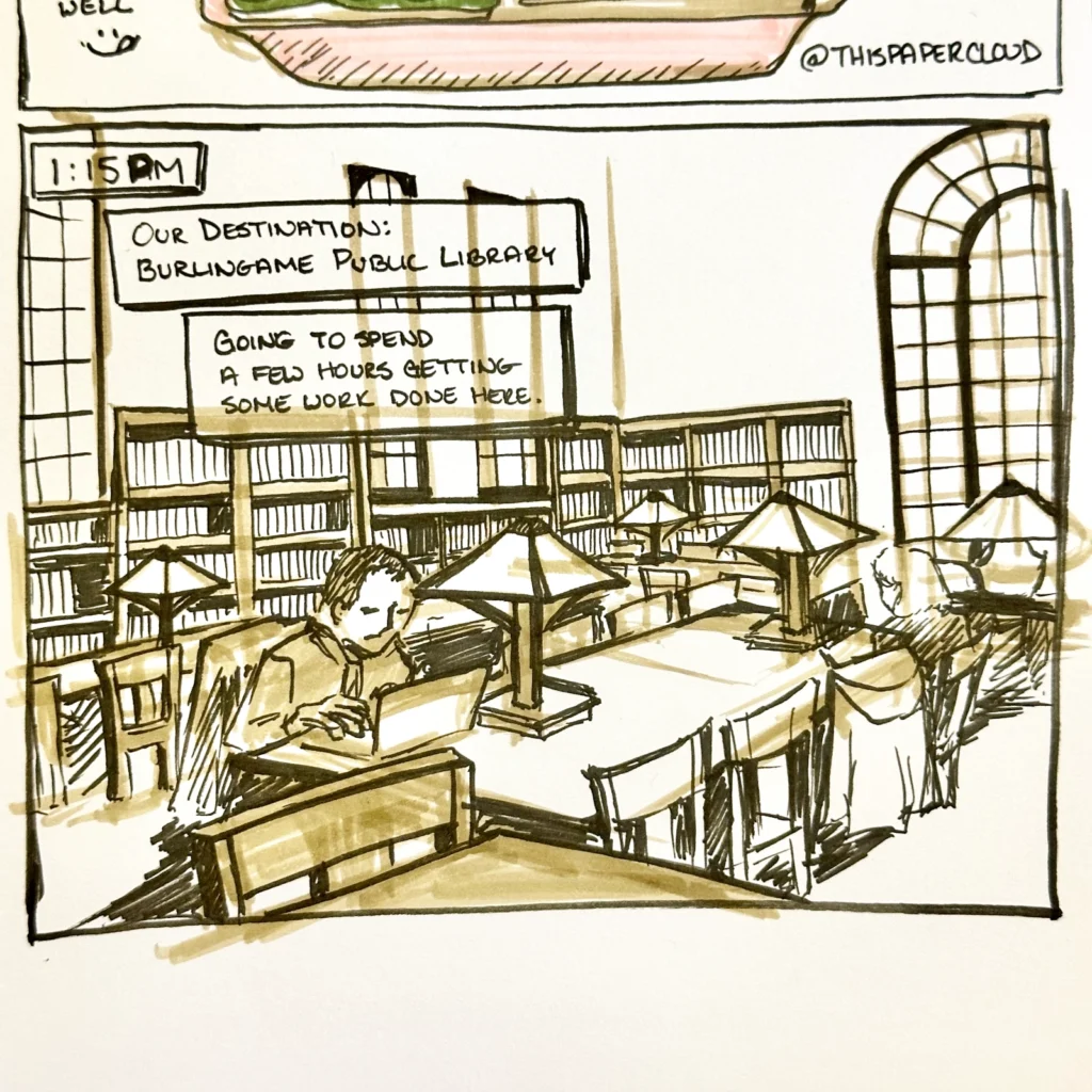 1:15PM - 4th panel of Hourly Comic Day. Depicts the interior of the Burlingame Public Library's work/quiet area.