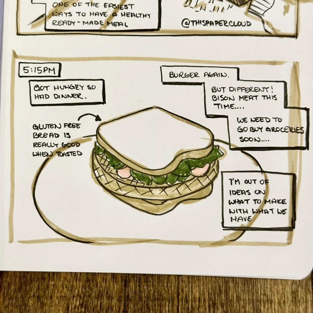 5:15PM - 8th panel of Hourly Comic Day - A sandwich burger with lettuce and cherry tomatoes. 