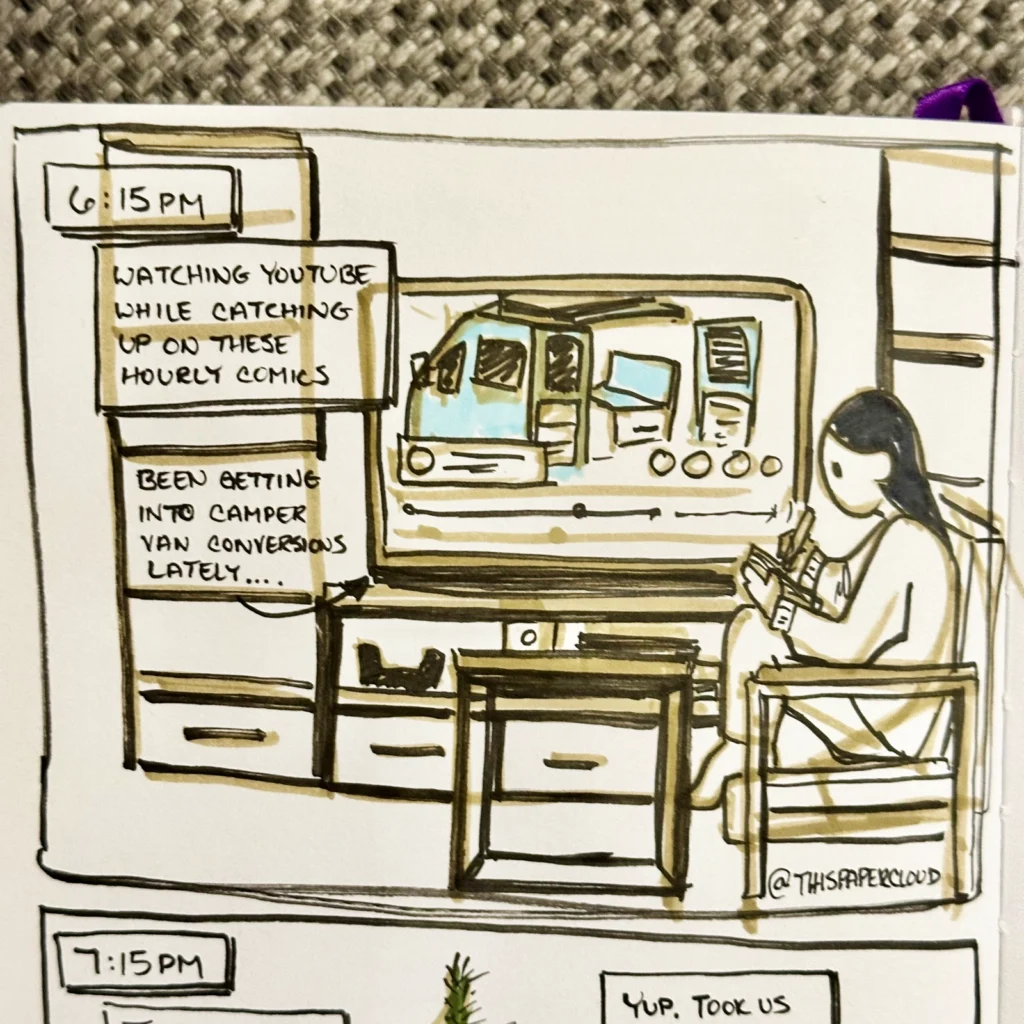 6:15PM - 9th panel of Hourly Comic Day - depicts Theresa sitting on the sofa drawing on a sketchbook while A Youtube video about Camper Vans plays in the background TV