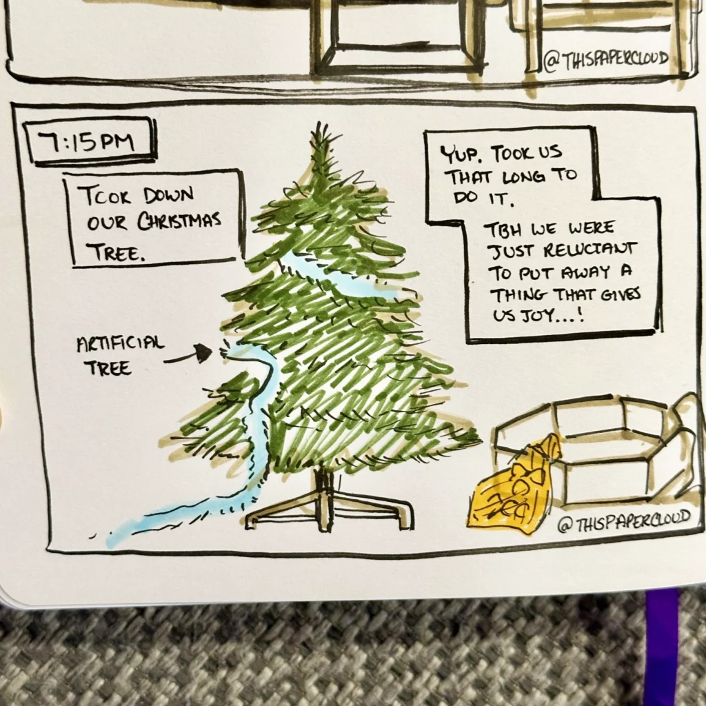 7:15PM - 10th panel of Hourly Comic Day - Depicts a Christmas tree bare of decoration with a garland half-removed. There's an open box and a yellow bag of ornaments next to the foot of the tree